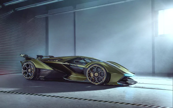 Olive-green Lamborghini Lambo V12 Vision Gran Turismo supercar in a moody garage, high-detail 8K Ultra HD PC desktop wallpaper/background.