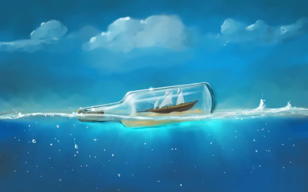 Fantasy scene of a sailing ship sealed inside a glass bottle floating on a glowing turquoise sea — 4K Ultra HD PC desktop wallpaper background.