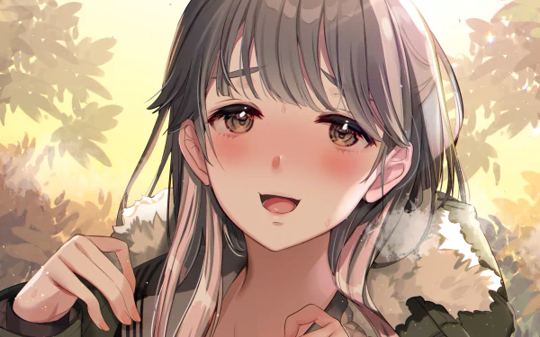 HD anime artwork of a smiling girl with brown eyes and long hair, set against a softly lit background with warm tones, designed as an original desktop wallpaper.