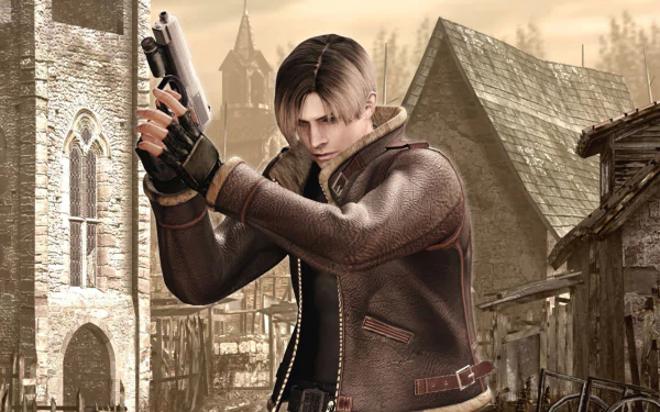 Leon S. Kennedy from Resident Evil 4 aiming a pistol in a ruined village — HD PC desktop wallpaper and background.