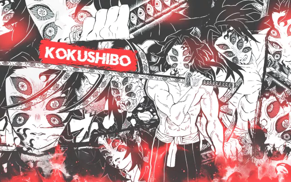 A dynamic HD wallpaper featuring Kokushibo from the anime Demon Slayer: Kimetsu no Yaiba, showcasing vibrant graphics and bold colors in a striking design.