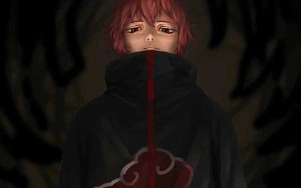 Sasori from Naruto in an Akatsuki cloak, red hair and tired eyes against a shadowy swirling backdrop — anime 4K Ultra HD PC desktop wallpaper background.