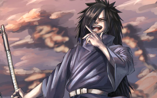 4K Ultra HD anime wallpaper featuring Madara Uchiha from Naruto, depicted with a confident smile against a dramatic sky background.