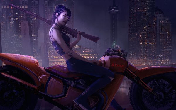 Sci Fi Cyberpunk Motorcycle Futuristic Woman Warrior City Weapon HD Wallpaper | Background Image