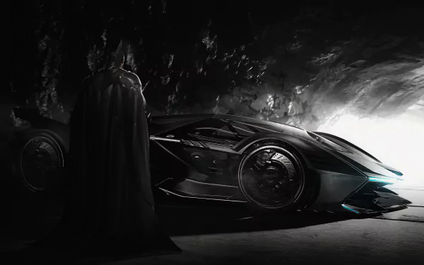 4K Ultra HD PC desktop wallpaper: DC Comics comic-style Batman standing beside a sleek Batmobile in a shadowy cave, dramatic black-and-white background.