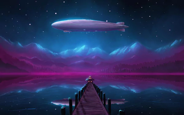 A 4K Ultra HD artistic wallpaper of a purple zeppelin floating over a calm lake at night, reflecting mountains and a pier in the serene natural landscape.
