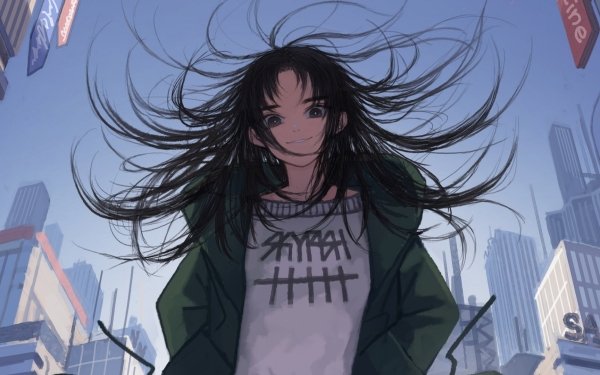 Anime Original Black Hair City HD Wallpaper | Background Image