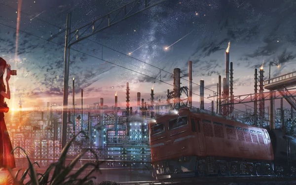 Anime-style HD desktop wallpaper featuring a train passing a factory at sunset under a starry sky with a shooting star and vibrant industrial lights.