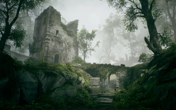 A fantasy-themed HD PC desktop wallpaper featuring ancient stone ruins overgrown with moss and surrounded by misty, dense forest.