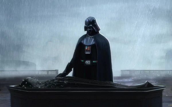 Darth Vader stands in the rain beside a coffin holding Padmé Amidala, set against a moody Star Wars sci-fi backdrop in HD.