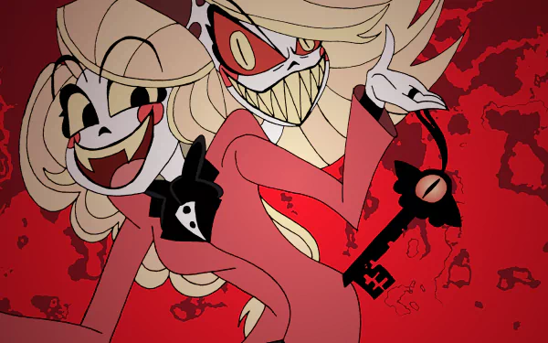 HD PC desktop wallpaper featuring characters from the TV show Hazbin Hotel with a vibrant red background and expressive poses.