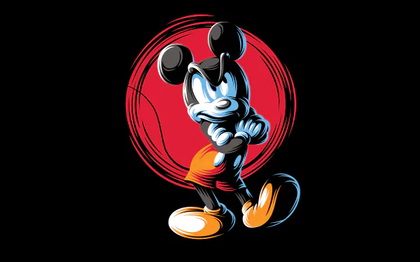 Stylized Mickey Mouse standing before a bold red circle, cinematic Disney movie look — 4K Ultra HD PC desktop wallpaper/background