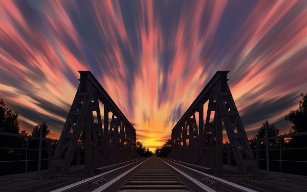 Anime Bridge Railroad Sunset HD Wallpaper | Background Image