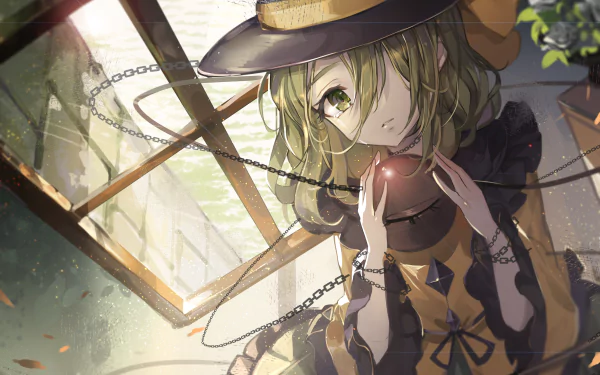 HD anime desktop wallpaper featuring Koishi Komeiji from Touhou, depicted holding a spherical object with chains in a softly lit, detailed environment.