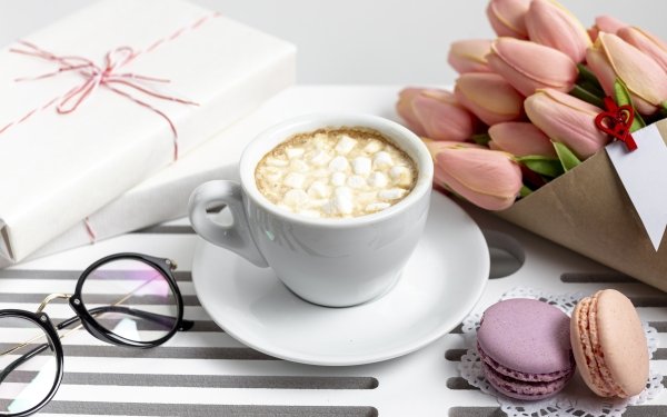 Food Hot Chocolate Flower Gift Bouquet Cup Drink Tulip Macaron HD Wallpaper | Background Image