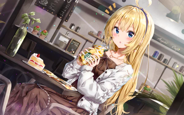 A vibrant HD wallpaper featuring Minazuki Natsuki, an anime Virtual Youtuber with long hair and striking blue eyes, enjoying a pastry in a cozy café setting.
