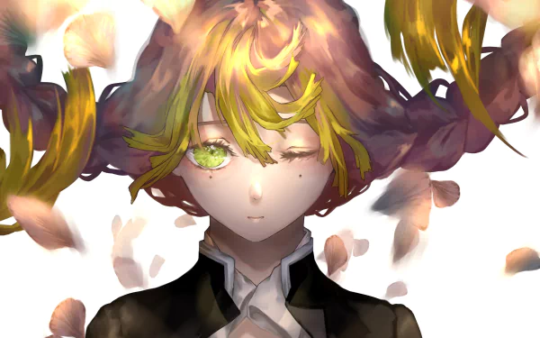 HD desktop wallpaper featuring Mitsuri Kanroji from the anime Demon Slayer: Kimetsu no Yaiba, with her eyes closed and surrounded by floating petals.