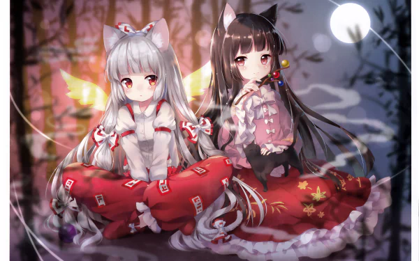8K Ultra HD PC desktop wallpaper of Kaguya Houraisan and Fujiwara no Mokou (Touhou, anime) seated in a moonlit forest, red skirts, fox ears and wings, soft glowing lanterns.