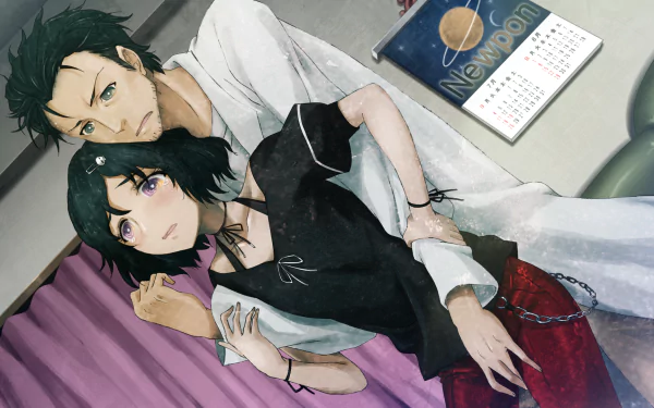 HD anime desktop wallpaper featuring Ruka Urushibara and Rintaro Okabe from Steins;Gate with a calendar and a futuristic Newtron poster in the background.