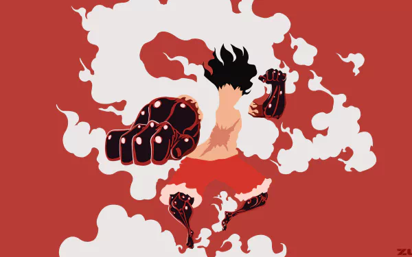 Stylized 4K Ultra HD anime wallpaper of Monkey D. Luffy in Gear Fourth pose from One Piece, featuring bold red and black tones with dynamic smoke effects.