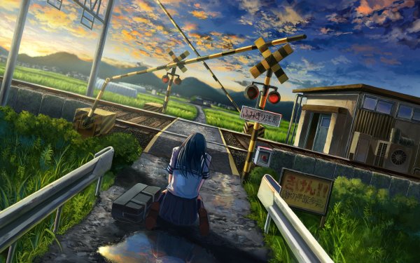 Anime Original Street Puddle Railroad Sky HD Wallpaper | Background Image