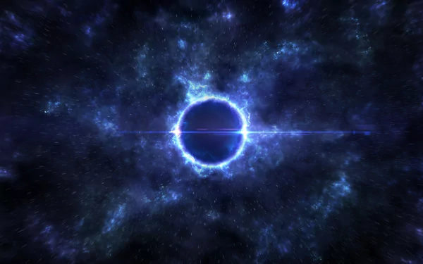 A Sci-Fi 4K Ultra HD desktop wallpaper depicting a glowing black hole in deep space with swirling cosmic clouds and a bright horizontal light beam.
