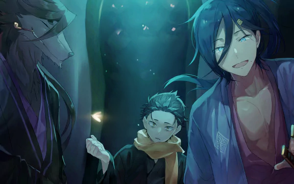 HD anime wallpaper featuring Halibel, Subaru Natsuki, and Cecilus Segmunt from Re:Zero - Starting Life in Another World, set in a mystical forest scene.