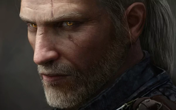 Close-up of Geralt of Rivia's face with striking yellow eyes from The Witcher 3: Wild Hunt, rendered in 4K Ultra HD for a PC desktop wallpaper.