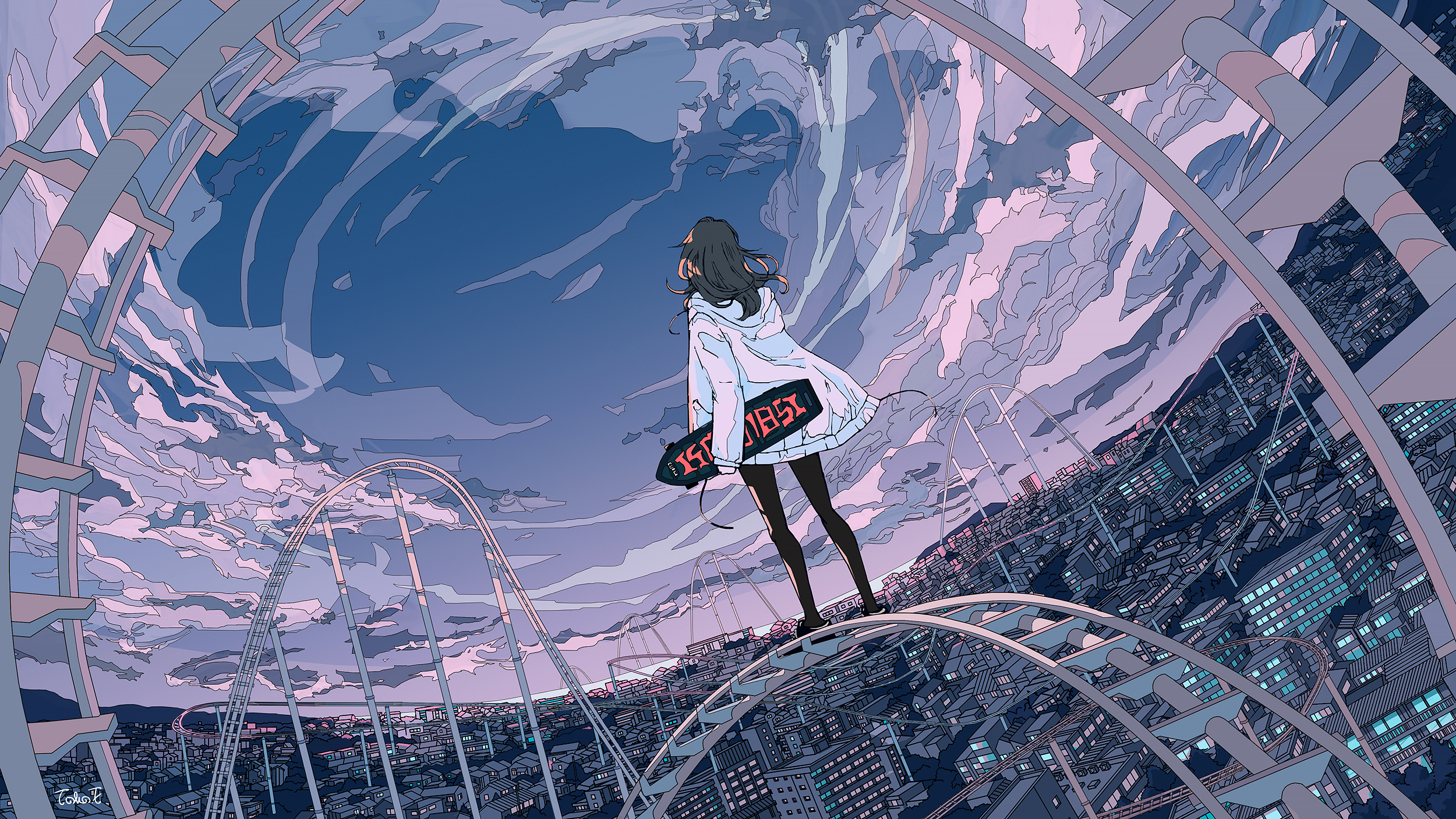 Anime girl ontop of a roller coaster with a skateboard by トーコ