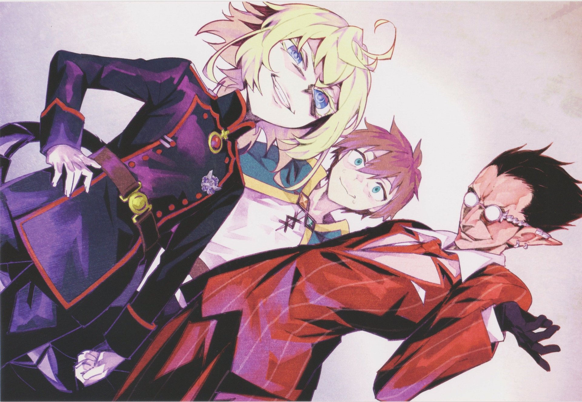 2K Quad HD PC desktop wallpaper: Isekai Quartet trio — Demiurge (Overlord), Kazuma Satou, and Tanya Degurechaff in a dynamic low-angle anime portrait with bold red and purple tones.