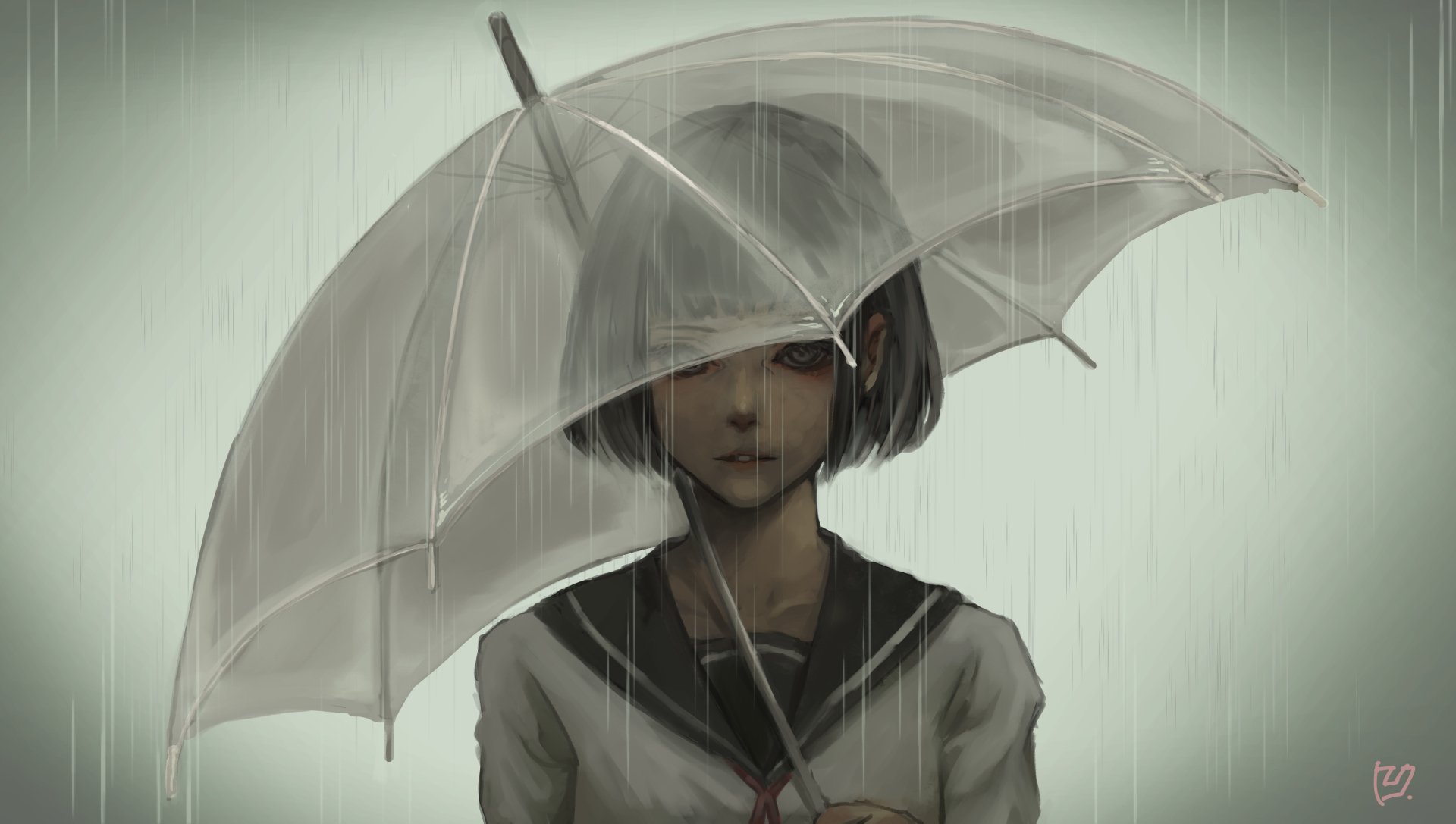 Anime-style original artwork of a girl holding a transparent umbrella in the rain, featured as a 4K Ultra HD PC desktop wallpaper with a muted, rainy atmosphere.