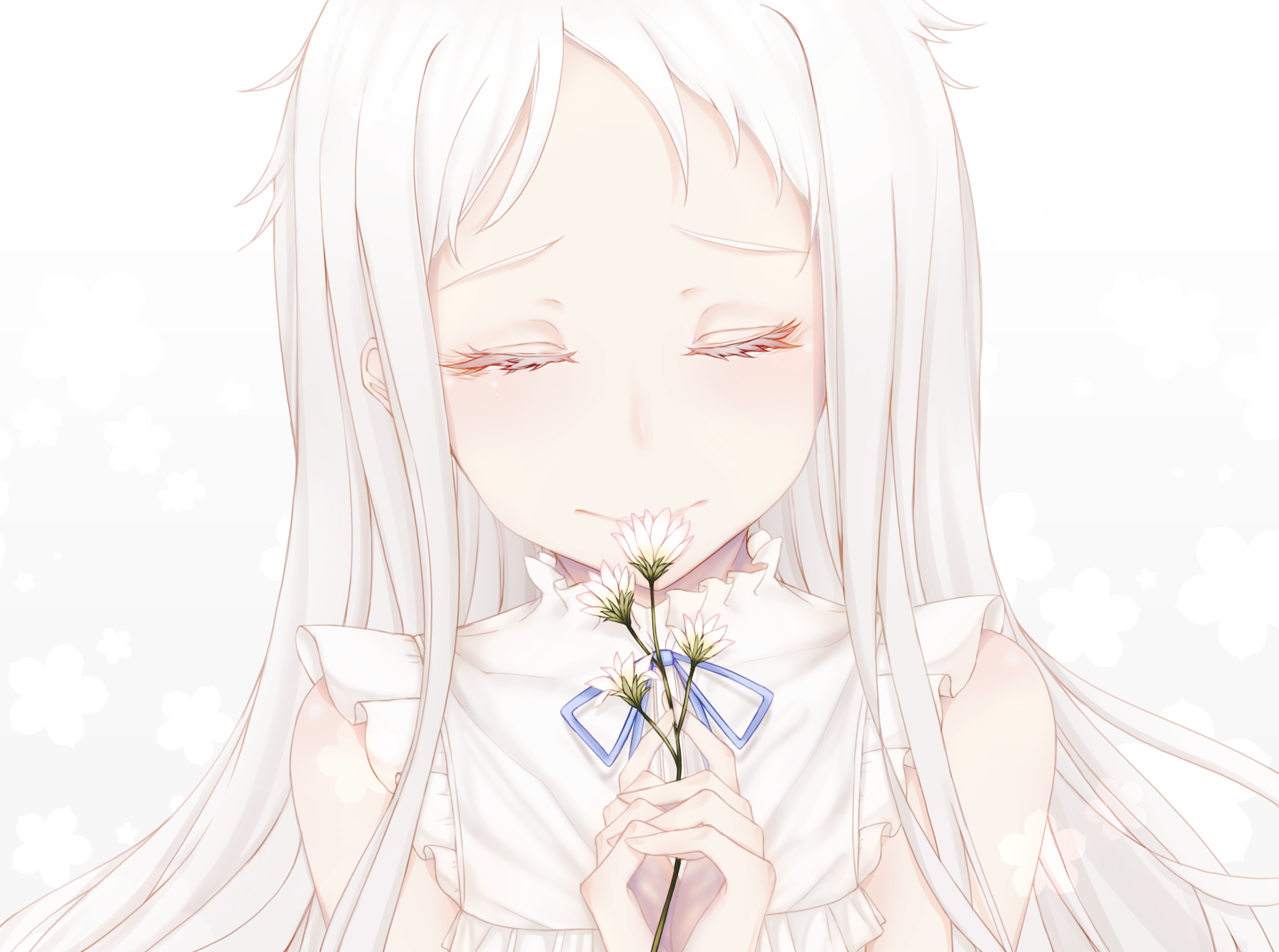 Meiko Honma from Anohana holding white flowers with a serene expression, depicted in a soft, high-resolution 4K Ultra HD anime-style desktop wallpaper.