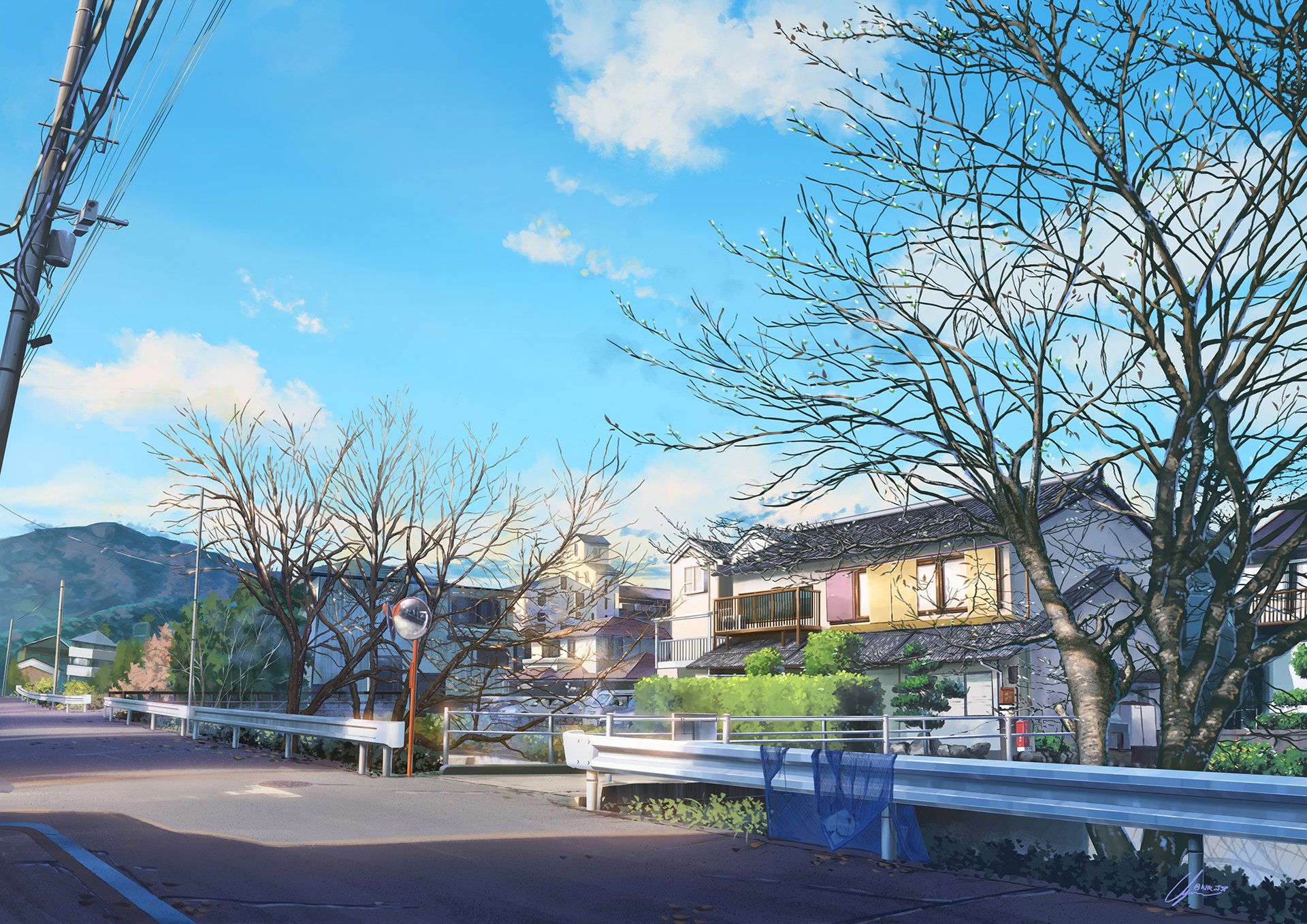 A serene anime scene featuring a house along a quiet street, with bare trees against a bright blue sky, creating a tranquil atmosphere. High-definition wallpaper for PC backgrounds.