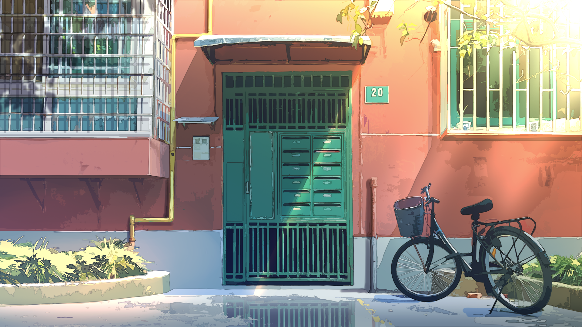 Download Puddle Bike Anime Building 4k Ultra HD Wallpaper by 洛子roko