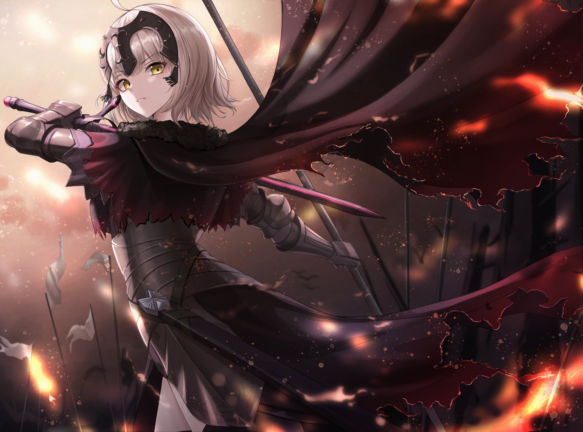 Anime-style 4K Ultra HD wallpaper of Jeanne d'Arc Alter from Fate/Grand Order with white short hair, yellow eyes, and a dark flowing cape in a dramatic battle scene.