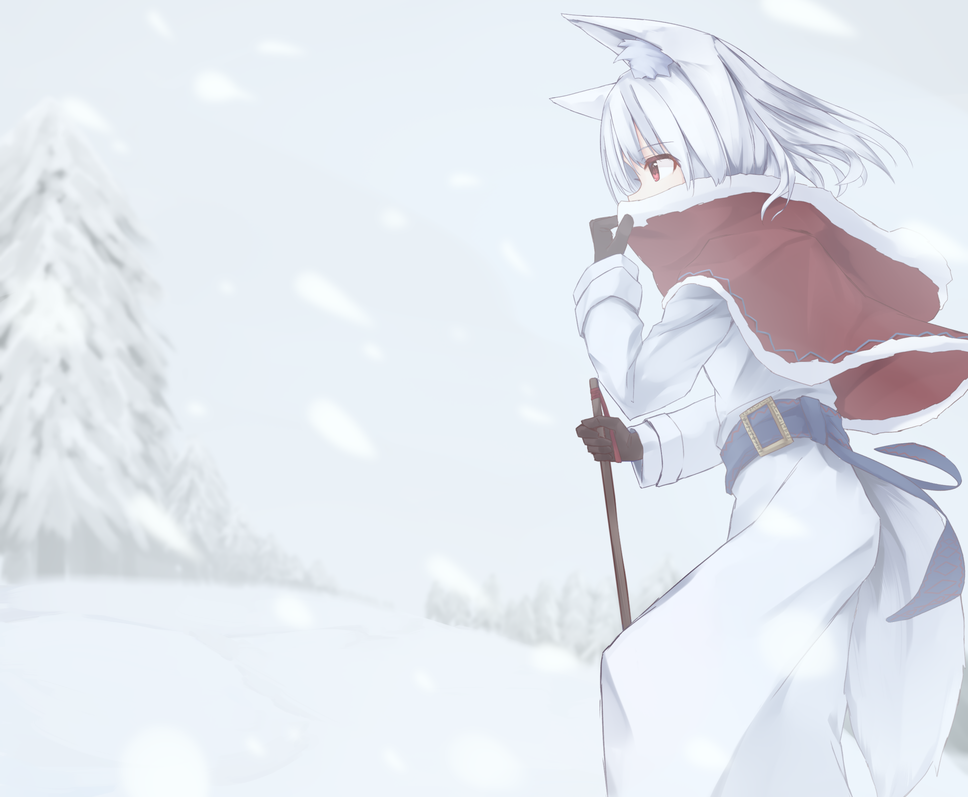 Anime-style character with short white hair and animal ears skiing through a snowy winter landscape, featuring soft falling snow and muted winter tones.