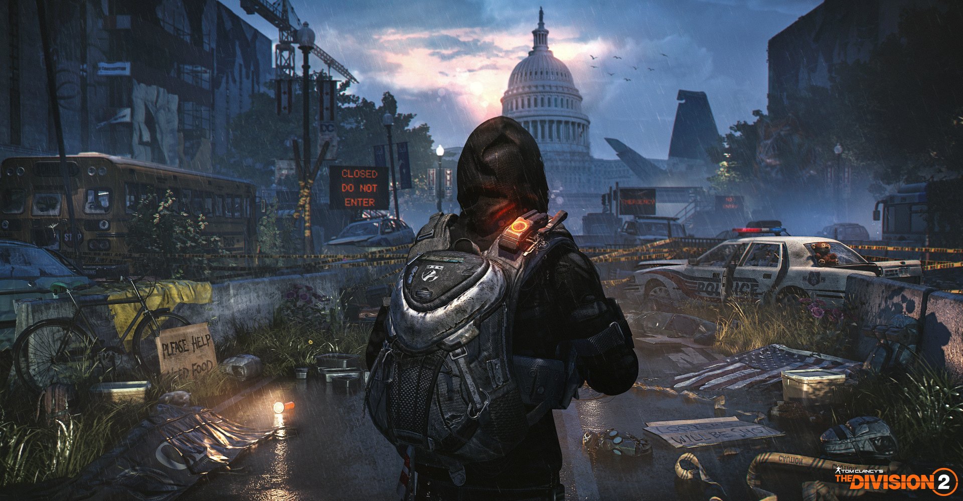 HD PC desktop wallpaper featuring a lone agent from Tom Clancy's The Division 2 in a post-apocalyptic cityscape with the U.S. Capitol building in the background.