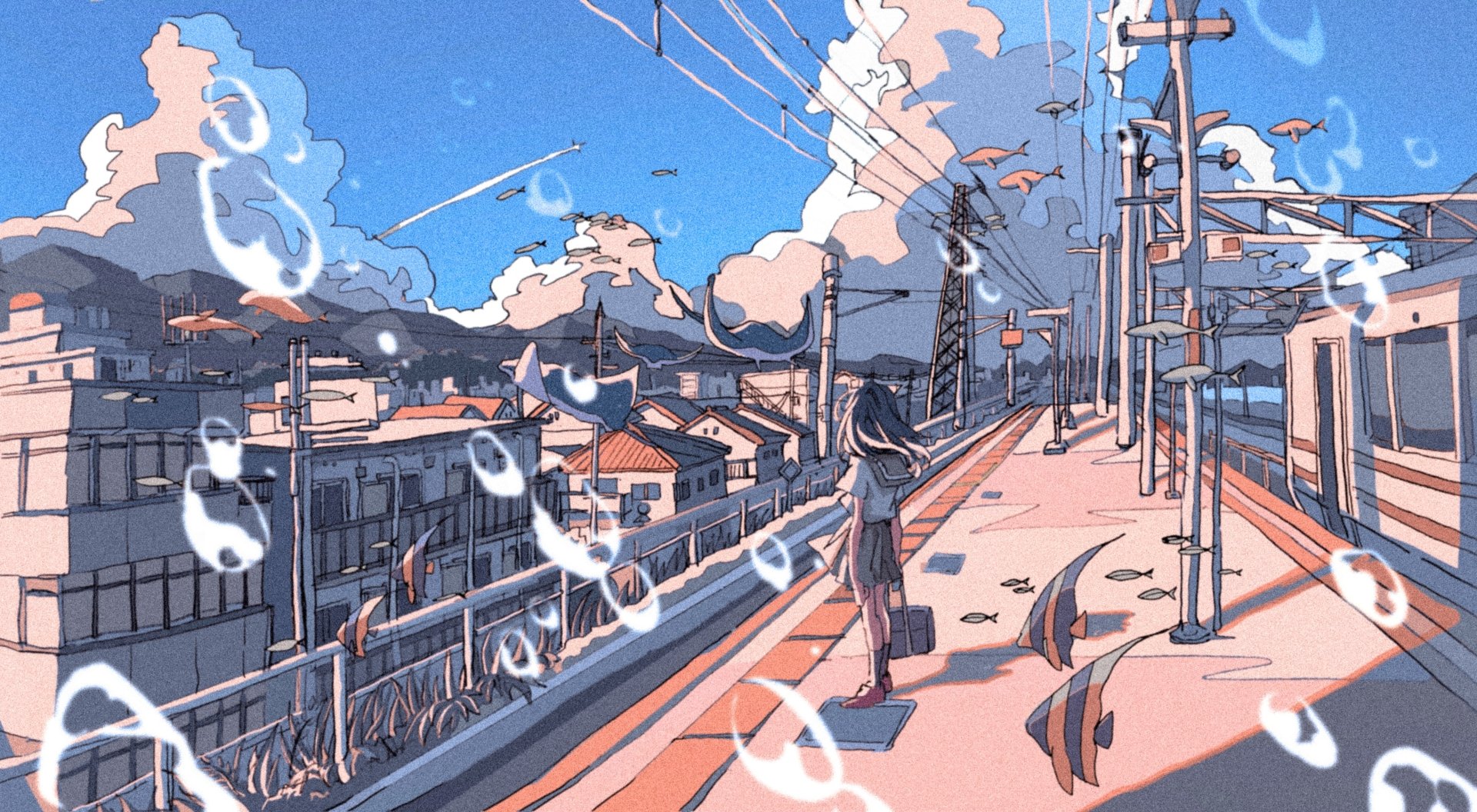 Anime-style HD PC desktop wallpaper depicting a train platform with a girl and floating fish shapes, blending urban and whimsical elements under a vibrant sky.