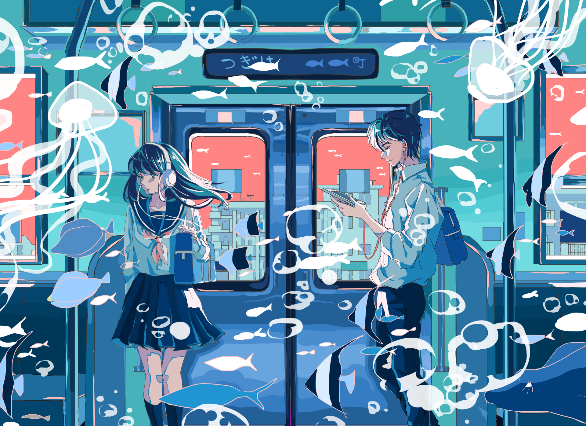 Anime-style HD wallpaper featuring two characters standing inside a train surrounded by fish and bubbles, creating an underwater aesthetic.