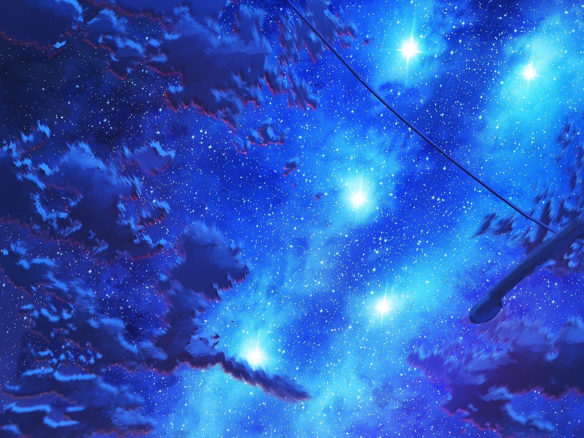 Anime-style HD desktop wallpaper depicting a vivid starry night sky with bright constellations and silhouetted tree branches under a deep blue anime night sky.