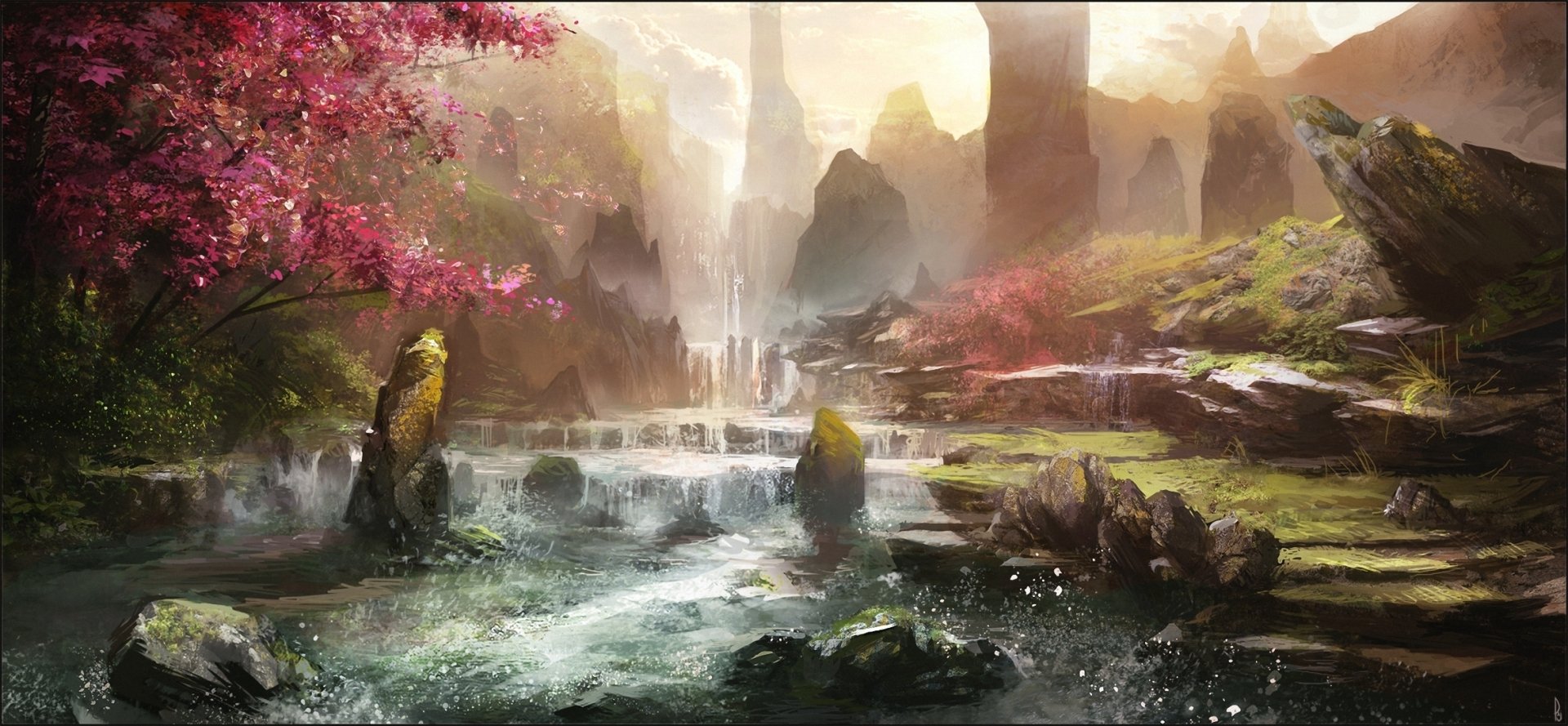 A vibrant fantasy landscape with blooming flowers, cascading waterfall, and lush greenery bathed in soft spring light, creating a serene HD desktop wallpaper scene.