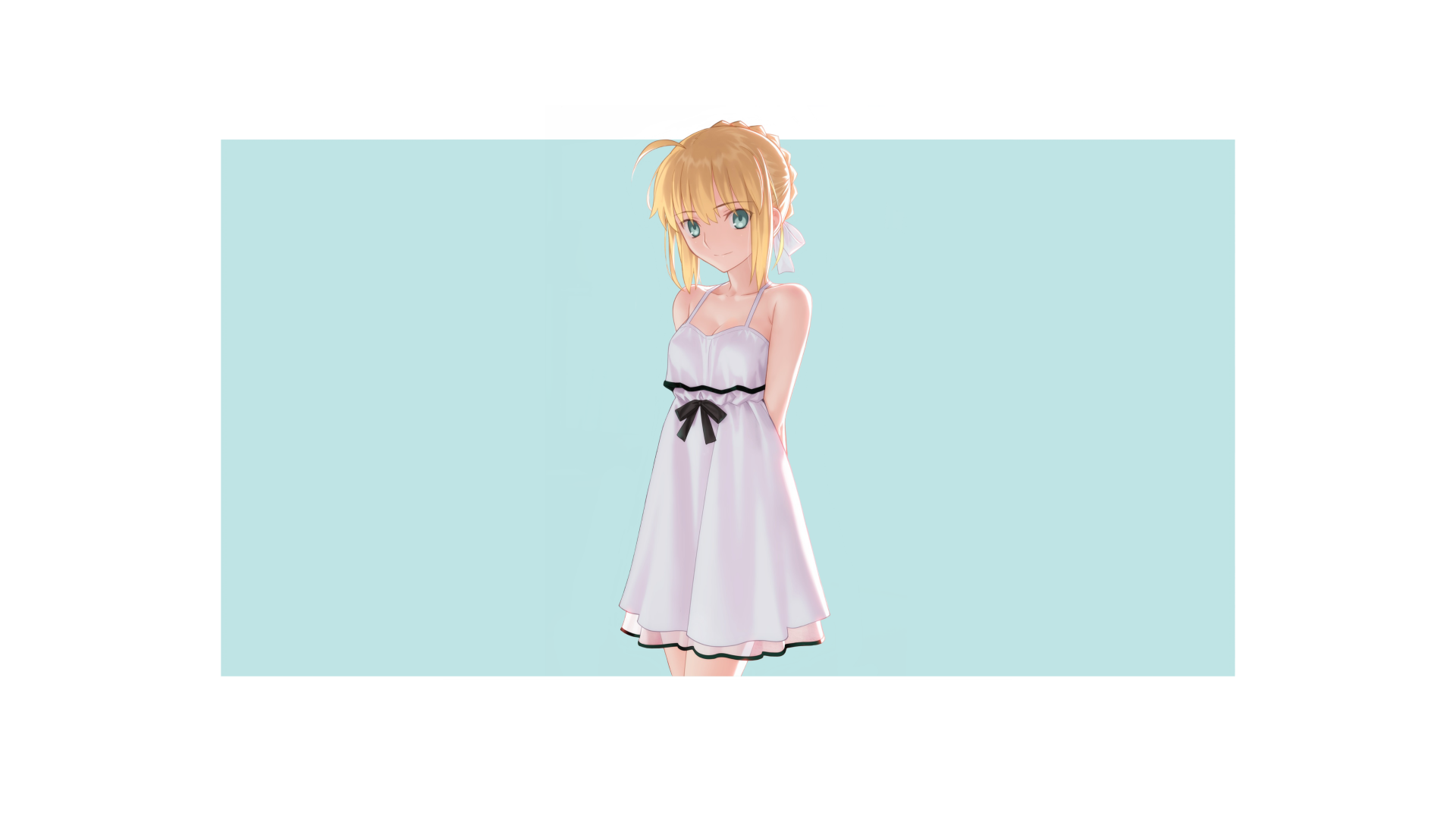 4K Ultra HD anime wallpaper featuring Saber from Fate/Grand Order, depicted in a white dress with a black ribbon against a light blue background.
