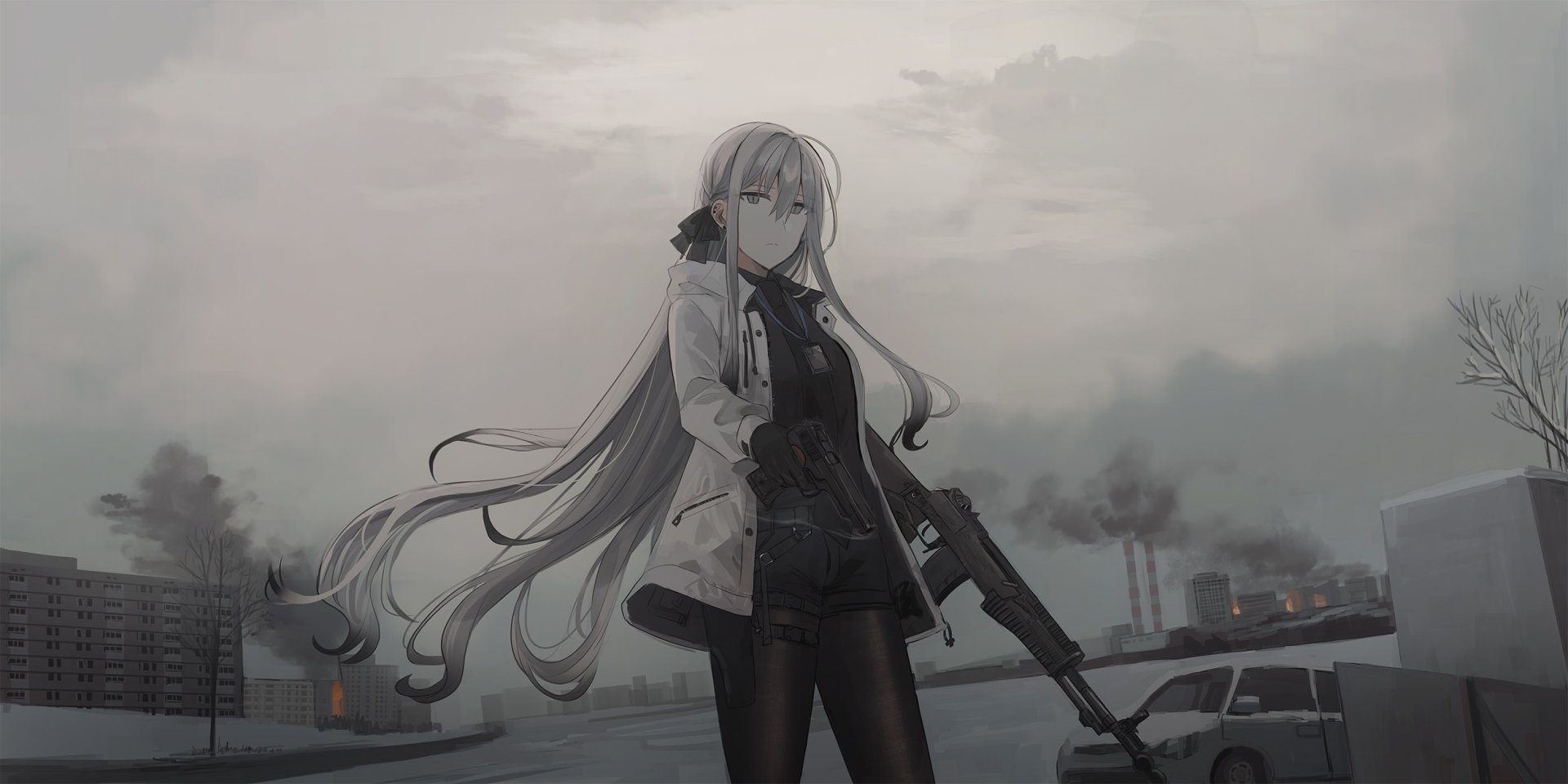 Anime character with long hair stands confidently holding a gun in an urban environment. The scene is rendered in a monochrome palette and serves as a high-definition desktop wallpaper and background.