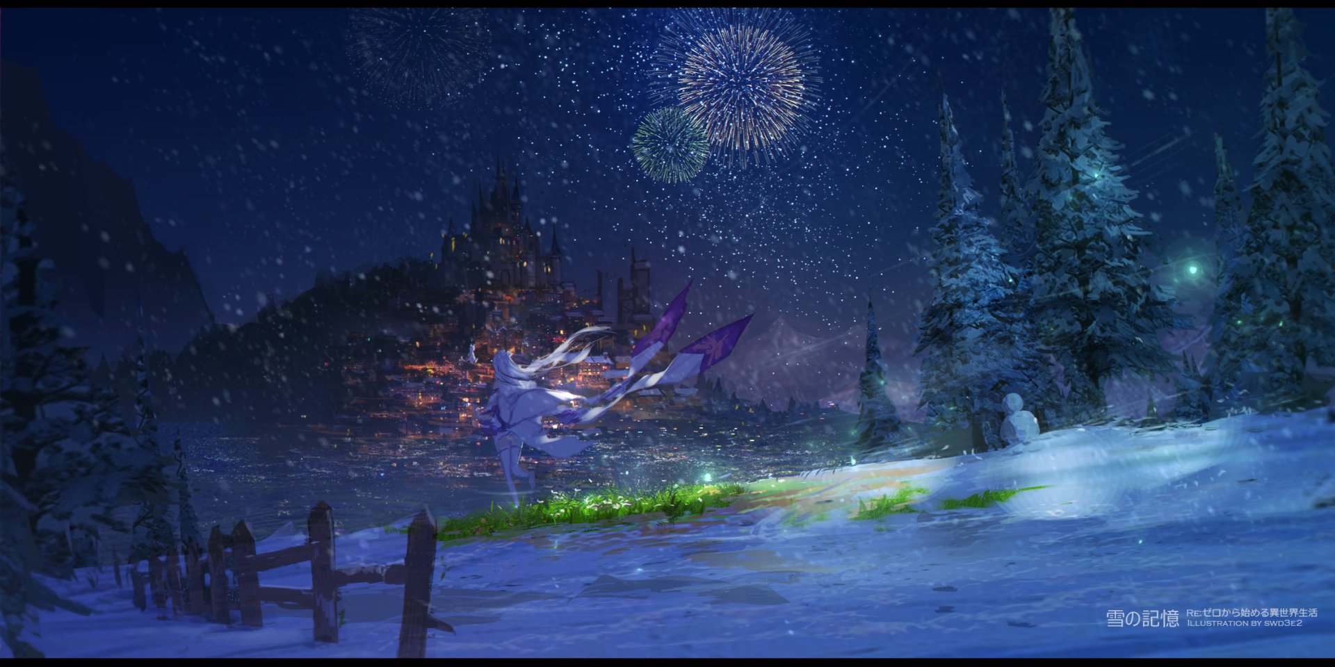 HD anime desktop wallpaper featuring Emilia from Re:Zero - Starting Life in Another World. The scene showcases a snowy night, vibrant fireworks, and a peaceful winter landscape with a castle and a snowman.