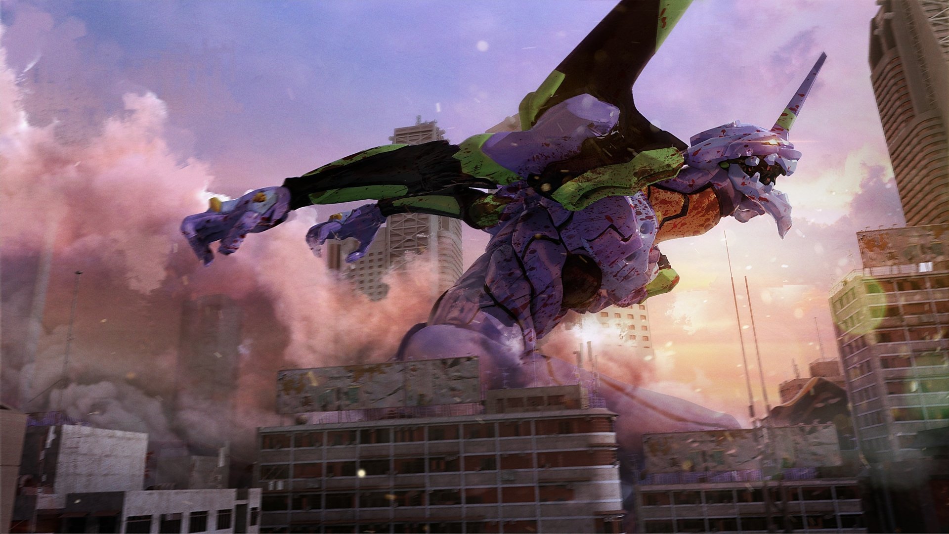 Evangelion Unit-01 from Neon Genesis Evangelion soars above a cityscape at sunset in this HD anime desktop wallpaper and background.