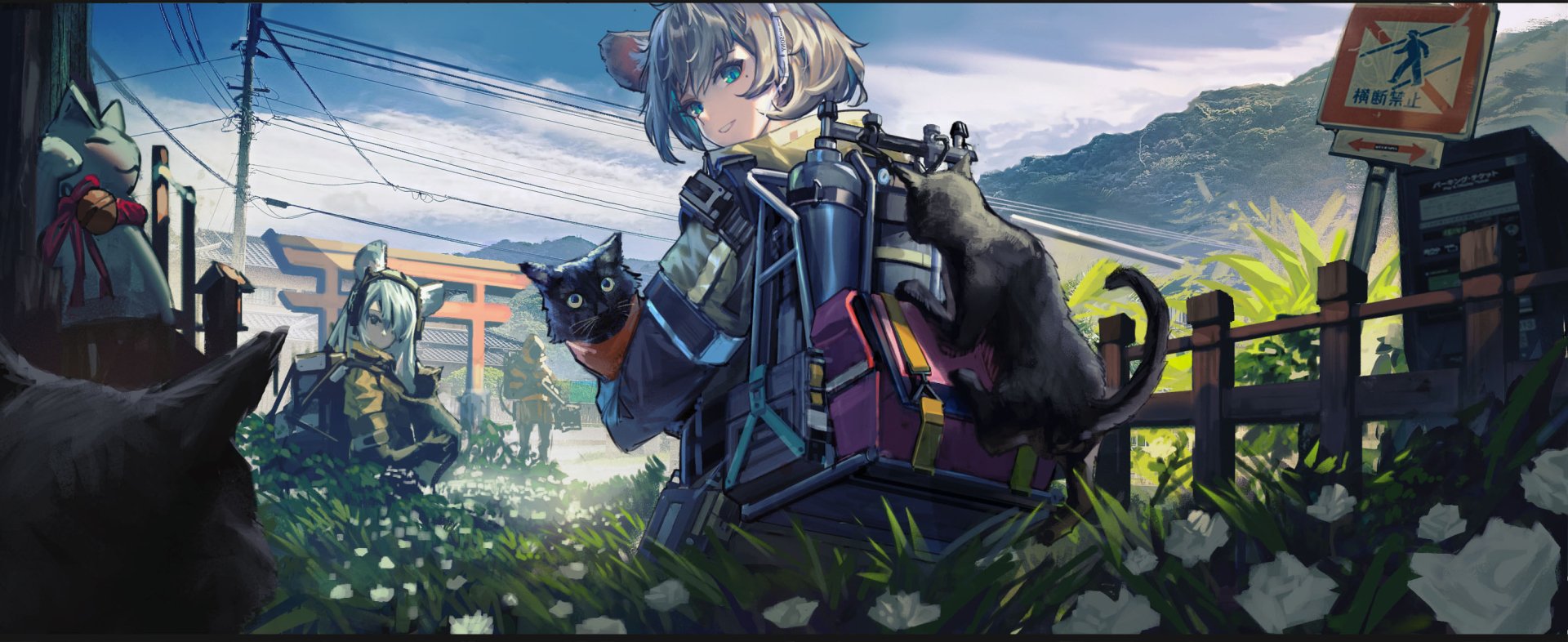 Anime-style HD desktop wallpaper featuring a character with cat ears holding a black cat, surrounded by flowers and greenery in a detailed original artwork scene.
