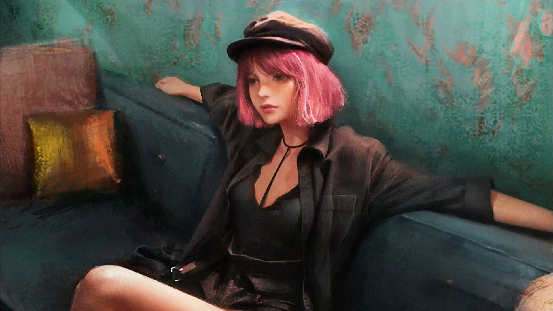 Artistic painting of a woman with pink hair wearing a cap, seated against a teal textured wall, rendered in 4K Ultra HD for PC desktop wallpaper.