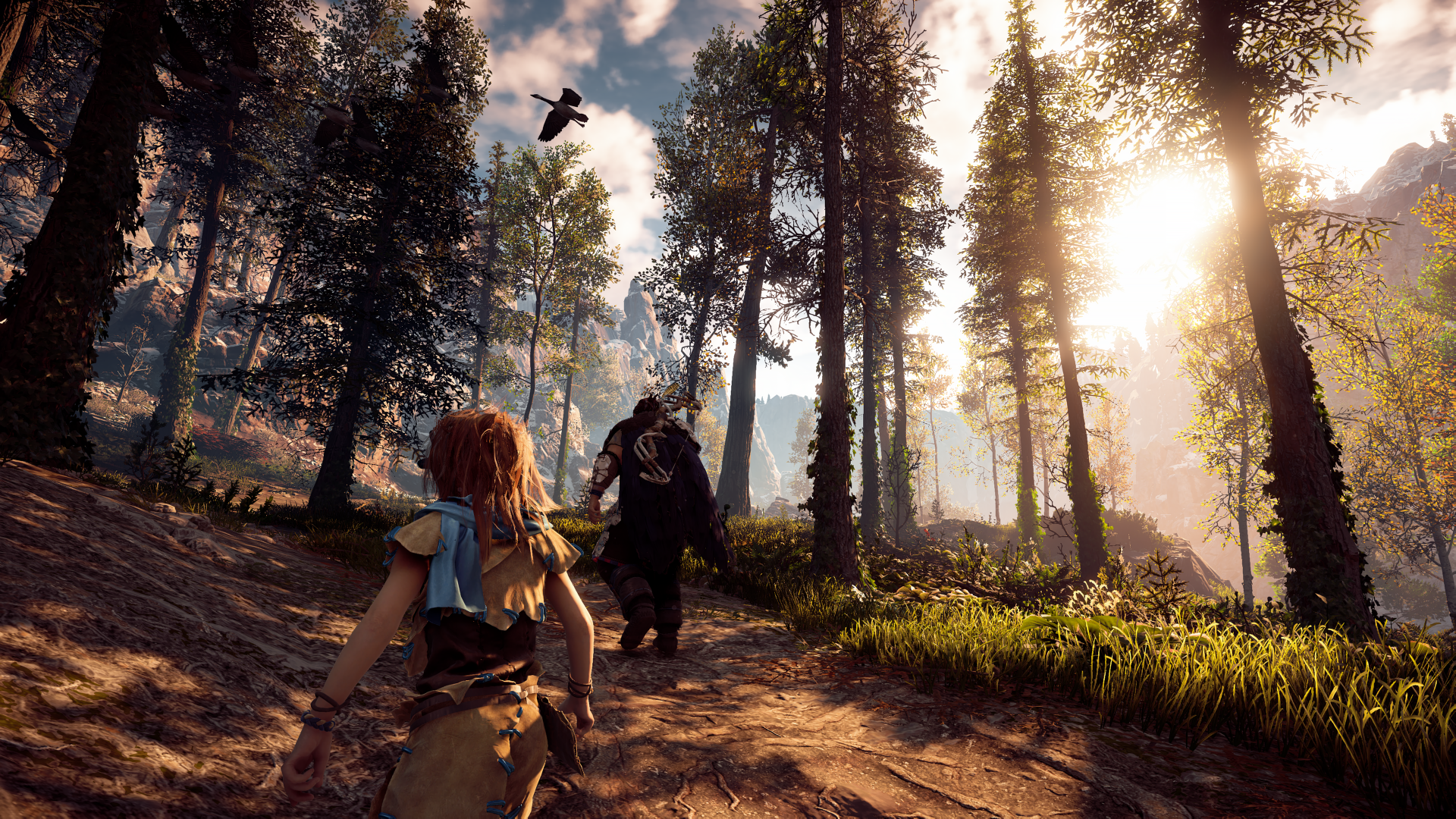 Aloy from the video game Horizon Zero Dawn traverses a sunlit pine forest with distant machines looming — 4K Ultra HD PC desktop wallpaper/background with cinematic lighting.