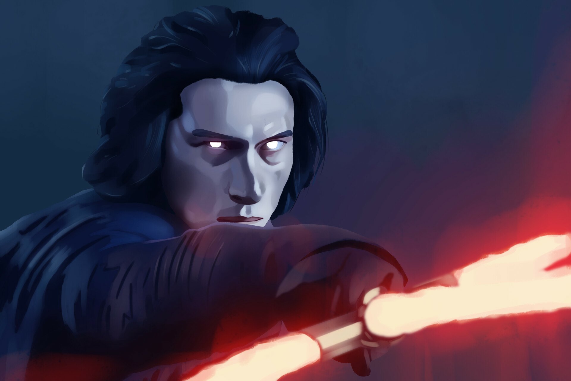 HD PC desktop wallpaper of Kylo Ren (Star Wars) wielding a glowing red crossguard lightsaber, pale face and white eyes against a dark sci‑fi backdrop.