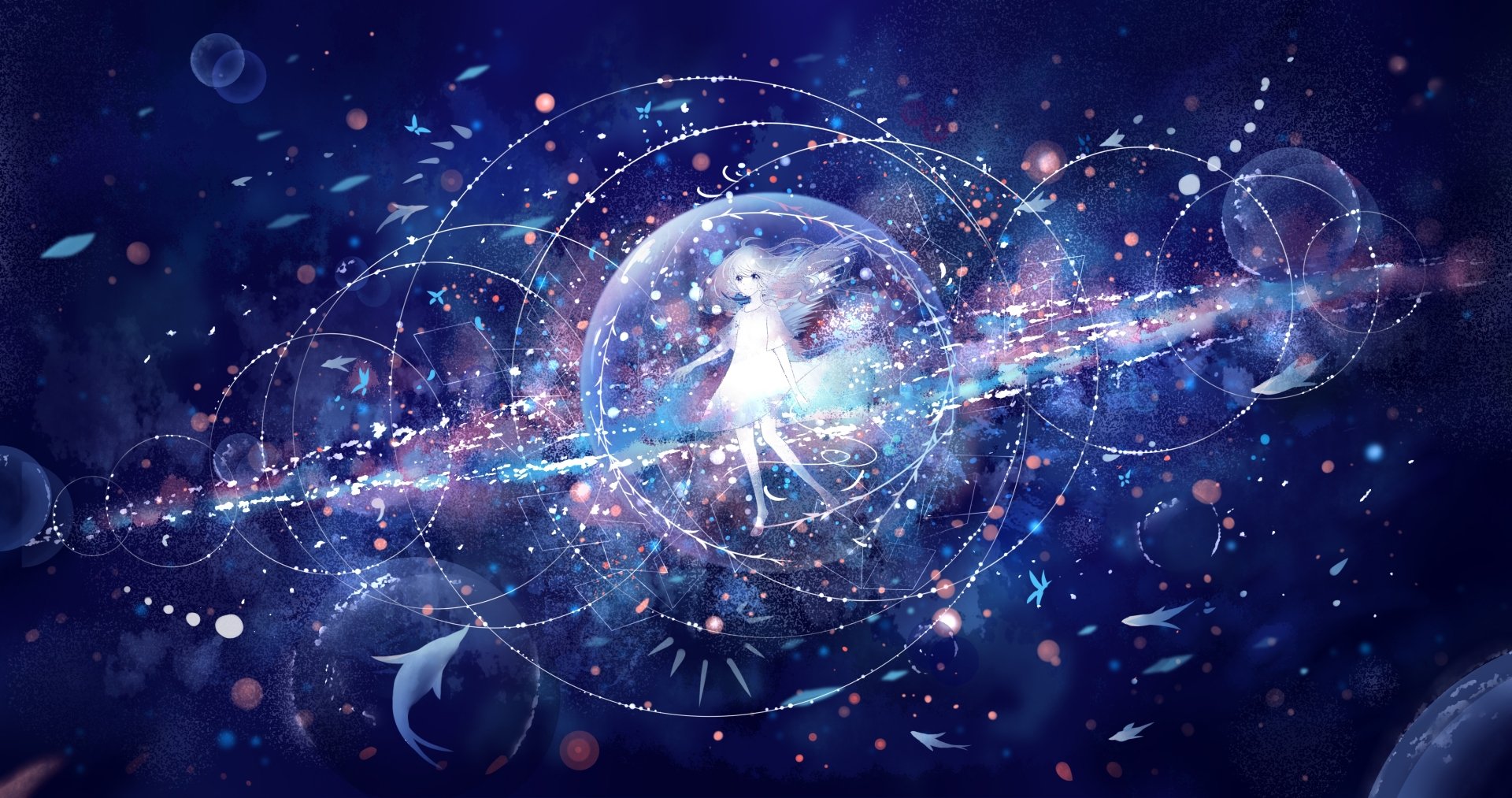 A stunning HD desktop wallpaper featuring an original anime illustration set in space. Celestial elements and starry accents surround a central figure, creating a dreamlike cosmic scene.